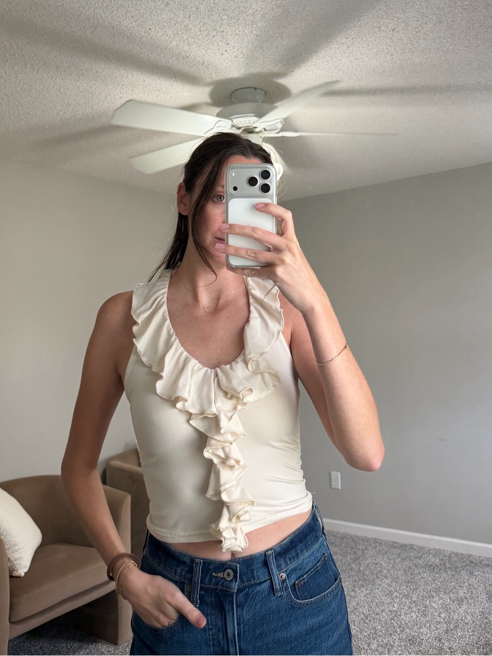 Sleeveless Ruffle V-Neck Top in Cream